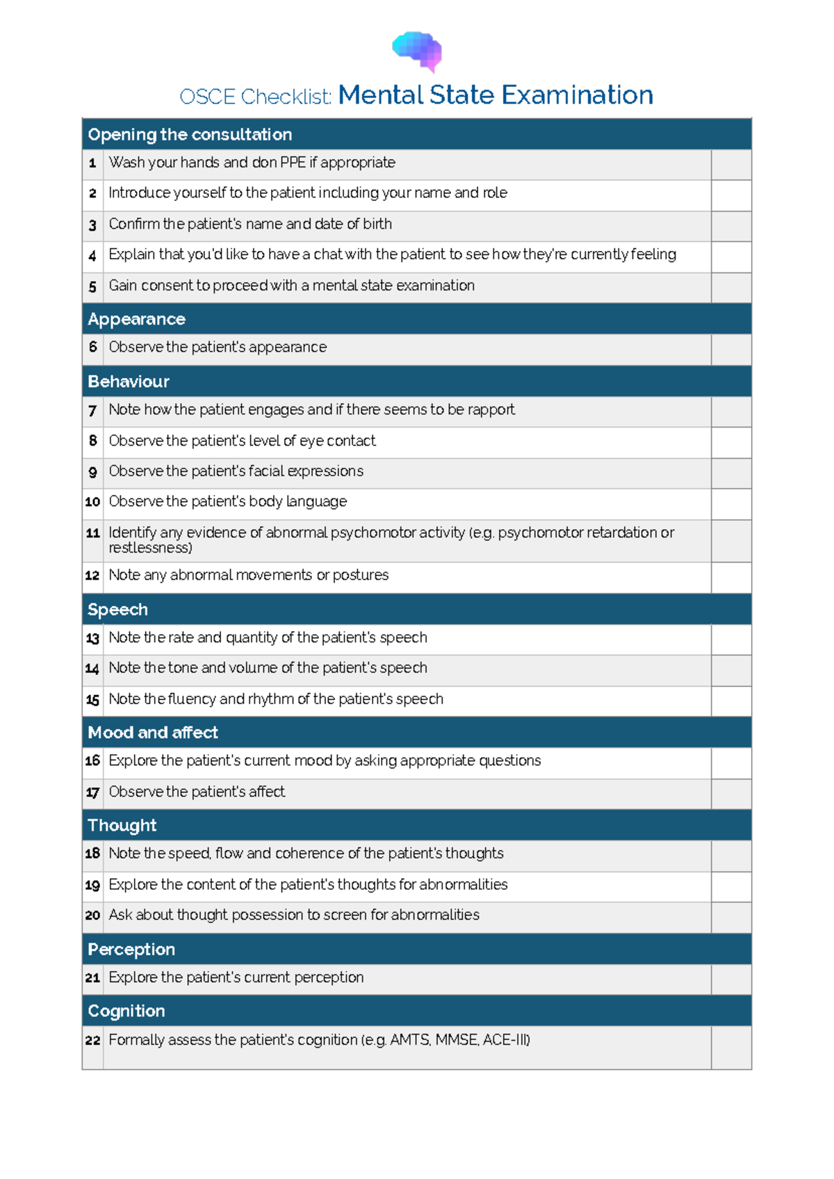 OSCE Checklist: Comprehensive Guide to Mental State Examination - Studocu