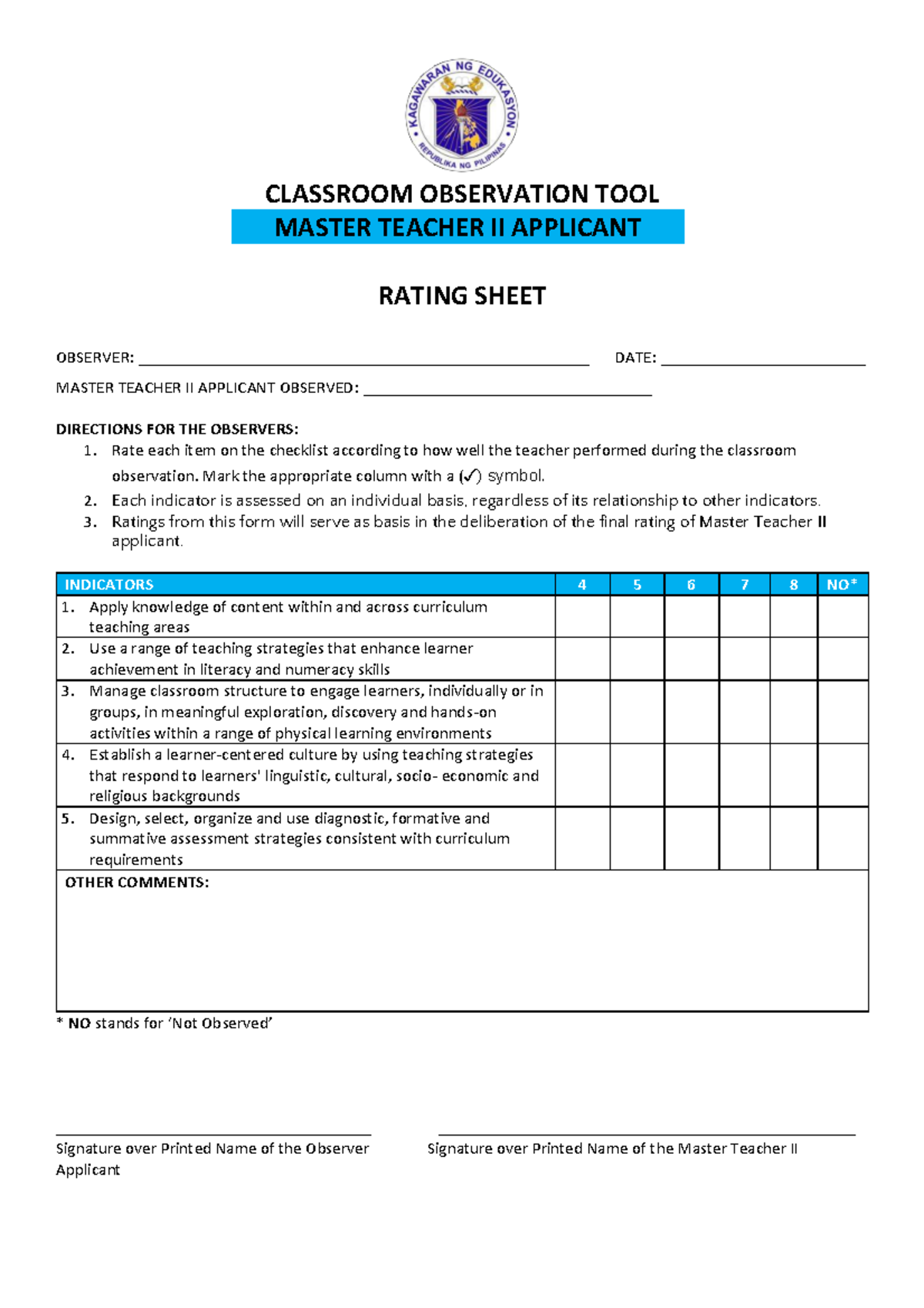 COT Rating Sheet for Master Teacher II Applicants (834071114) - Studocu