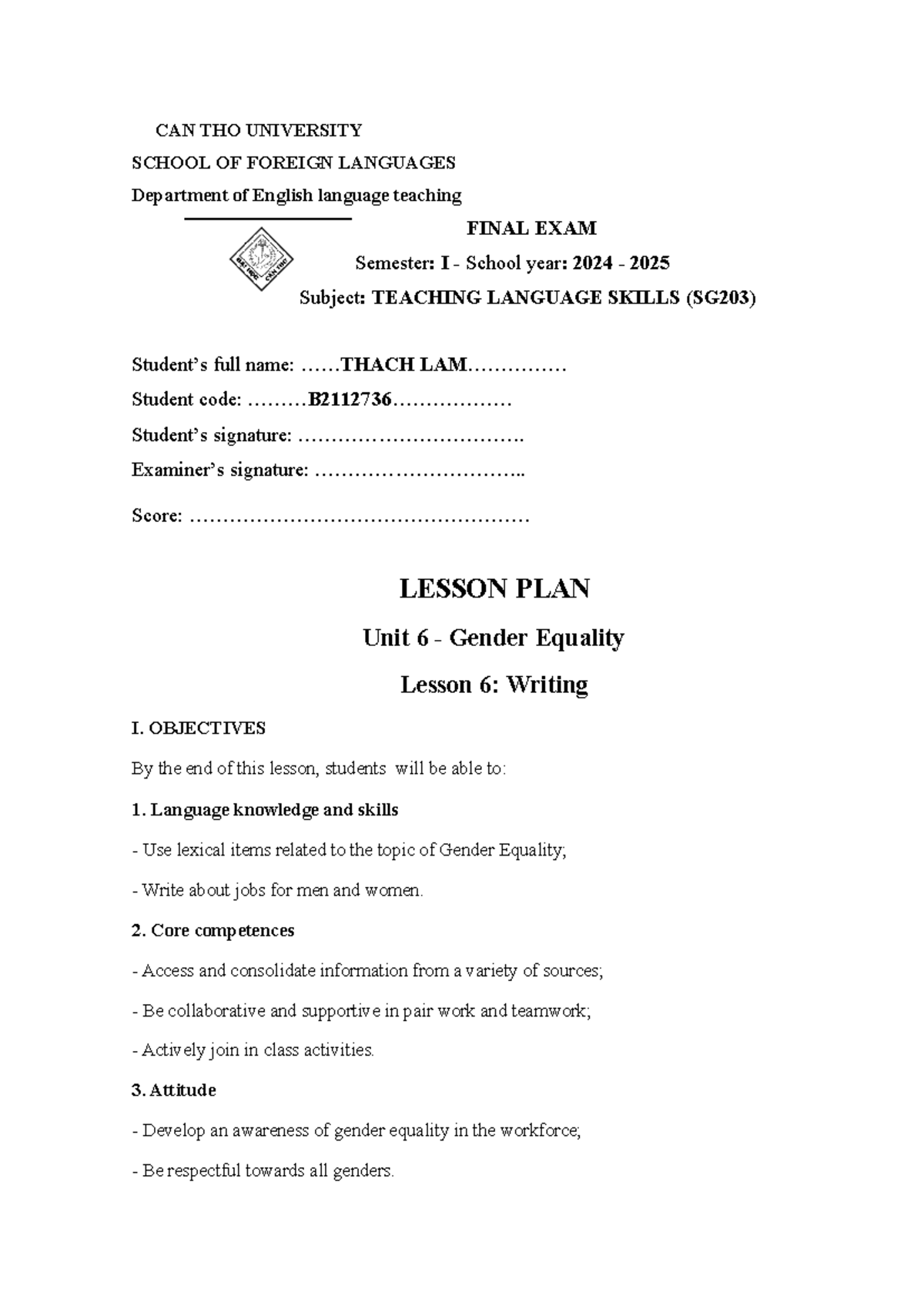 SG203 Final Exam Lesson Plan: Gender Equality Writing Unit 6 - Studocu