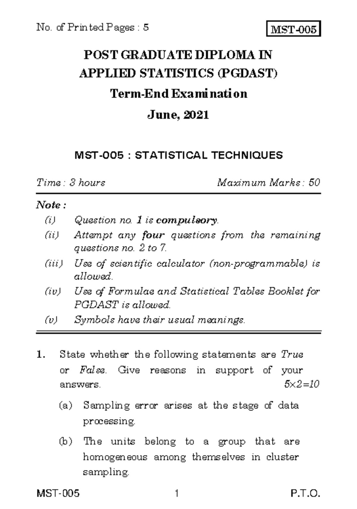 MST-5 - PREVIOUS PAPERS - MST-005 1 P.T. MST- POST GRADUATE DIPLOMA IN ...