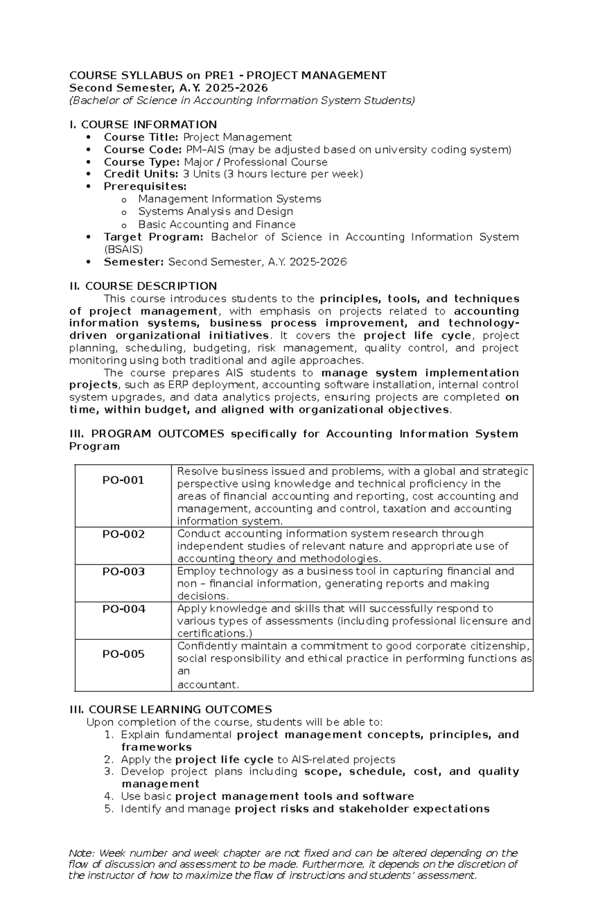 Course Syllabus: PRE1 Project Management for BSAIS Students - Studocu