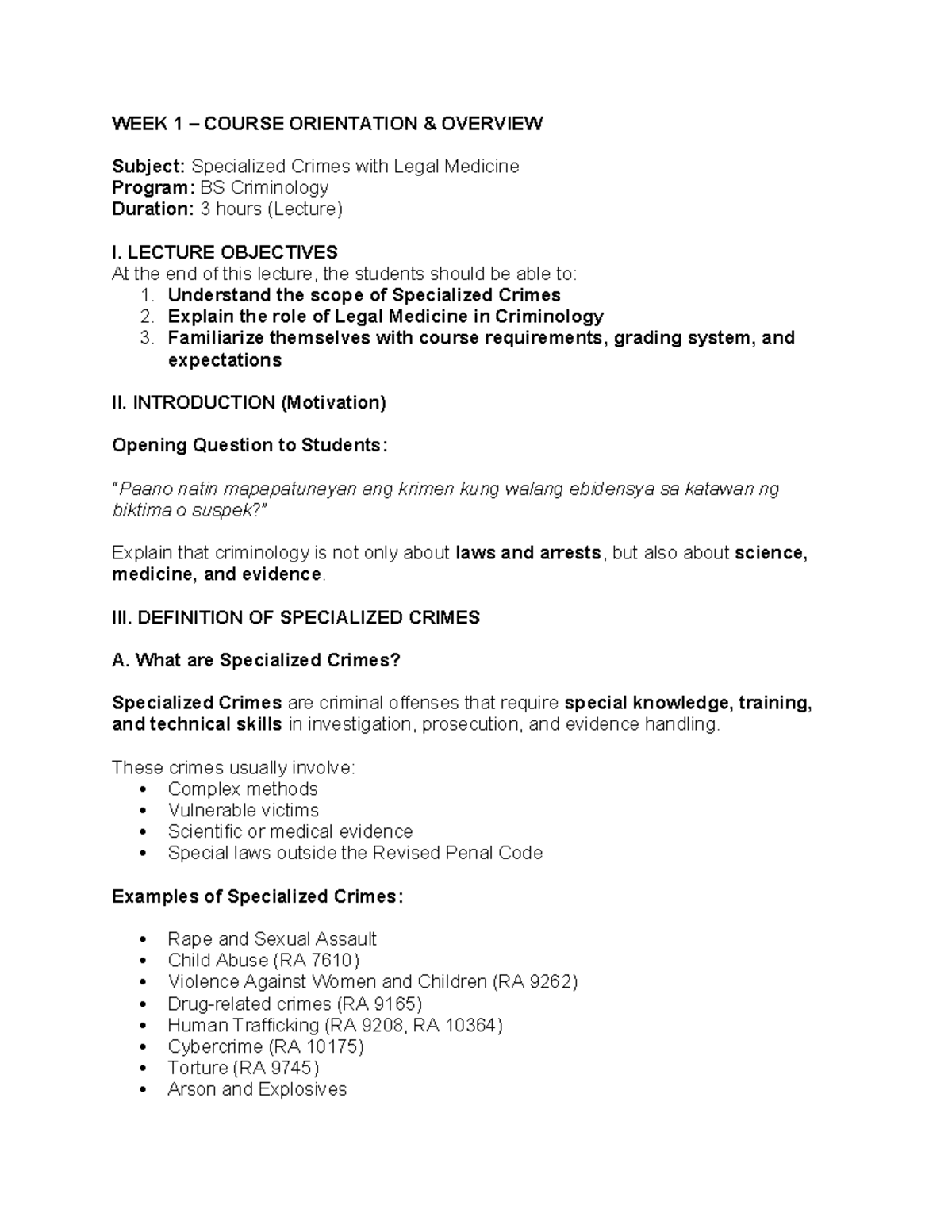 WEEK 1 LECTURE: INTRO TO SPECIALIZED CRIMES & LEGAL MEDICINE - Studocu