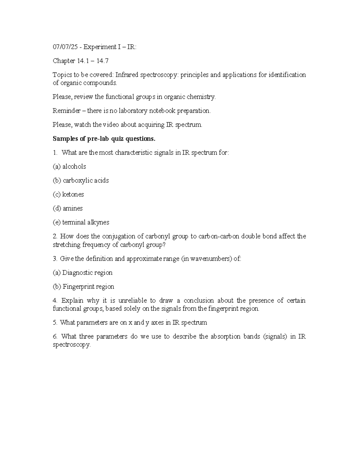 Experiment I IR: Chapter 14.1-14.7 Infrared Spectroscopy Notes - Studocu