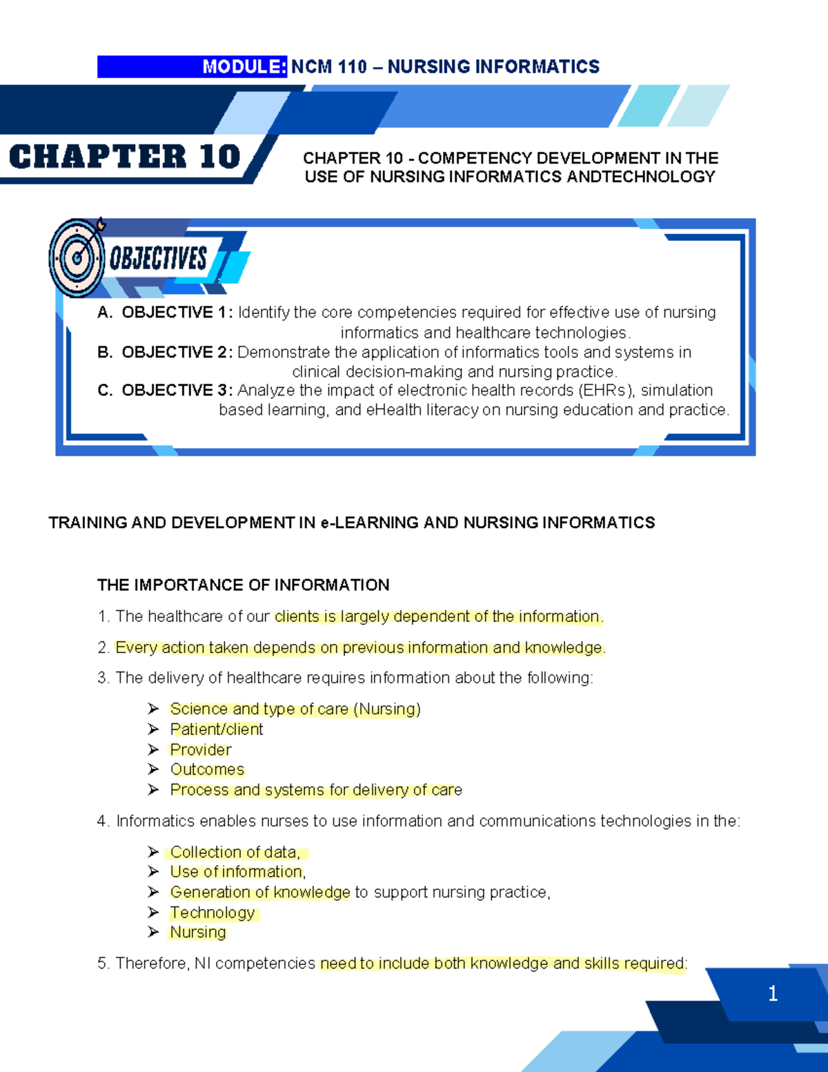NCM 110 Nursing Informatics: Chapter 10 - Competency Development - Studocu