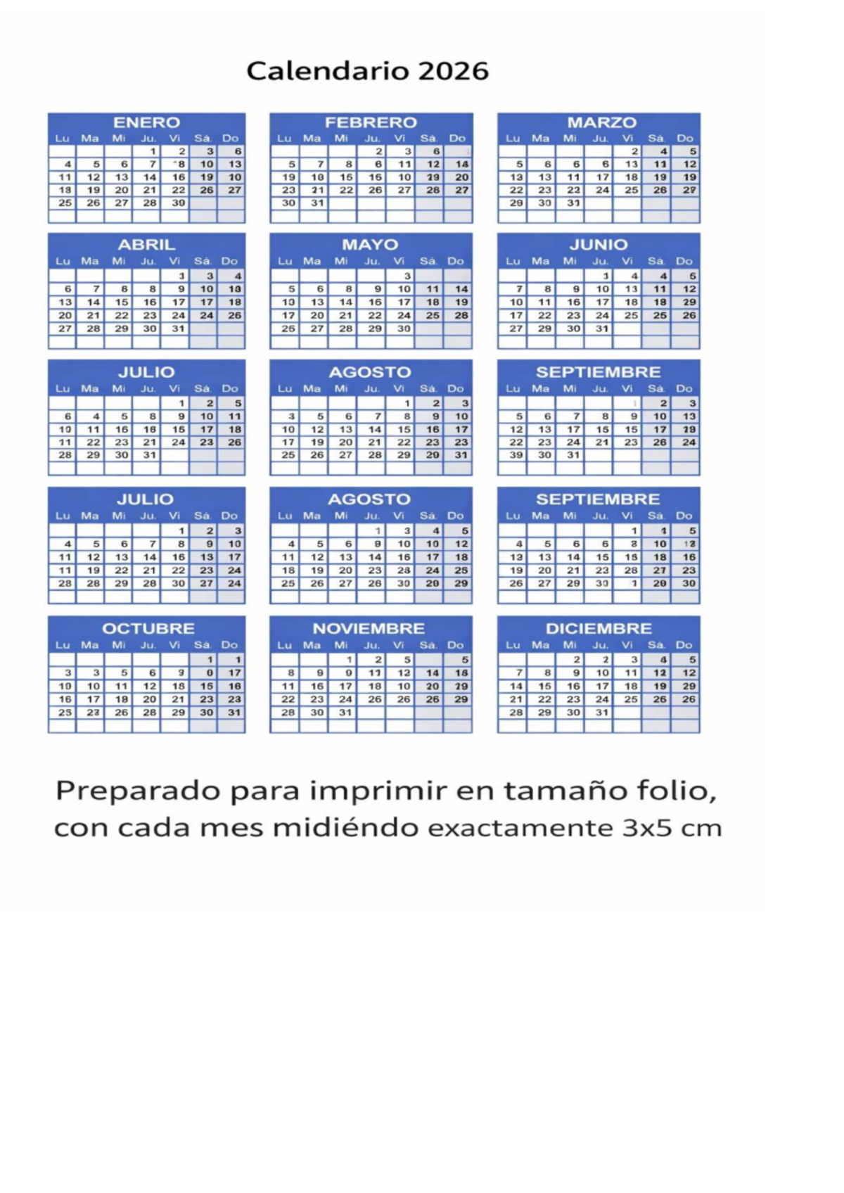 Calendario 2026: Meses y Días para Imprimir en Tamaño Folio - Studocu