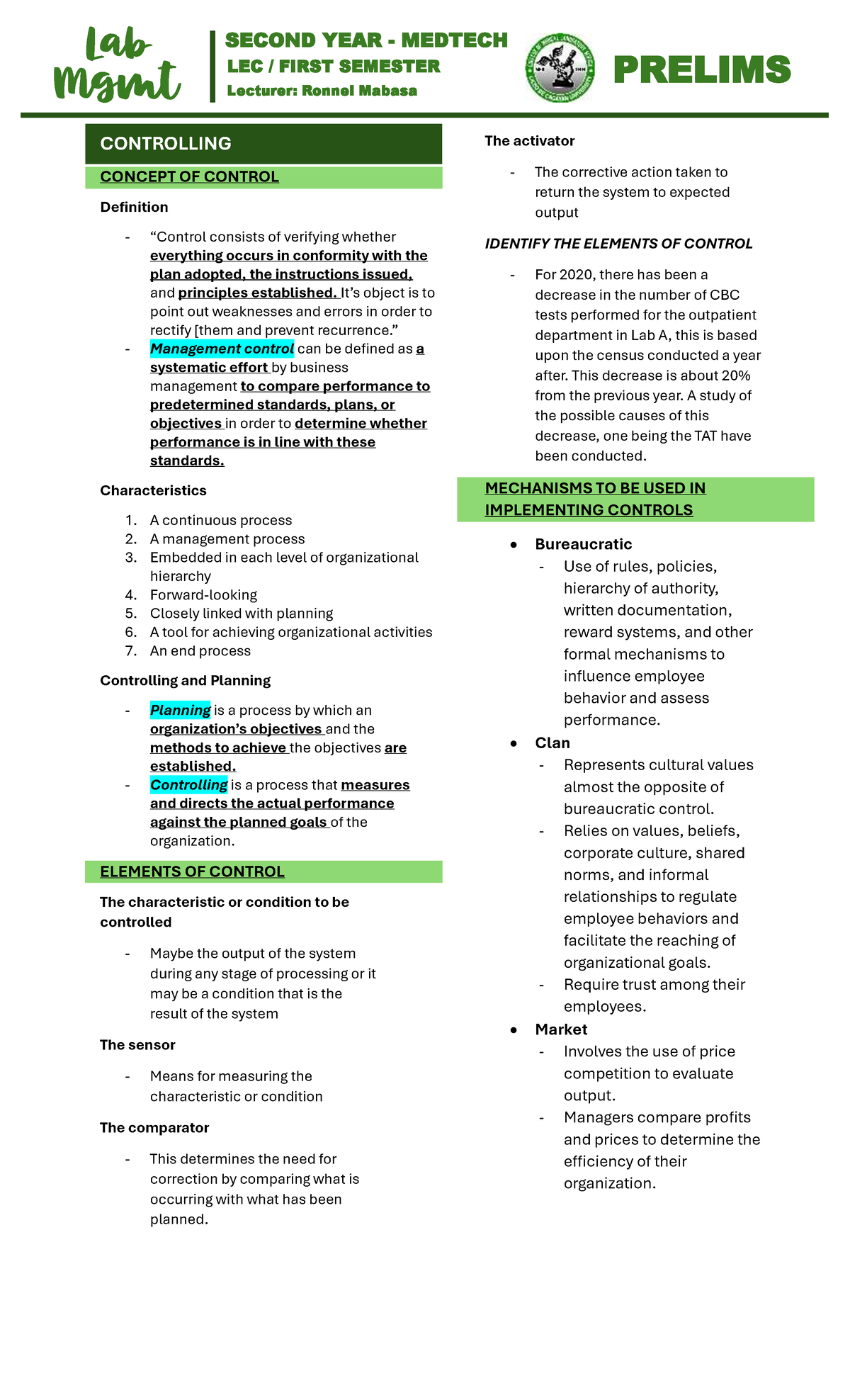 Laboratory Management LEC - Controlling Concepts for Prelims - Studocu