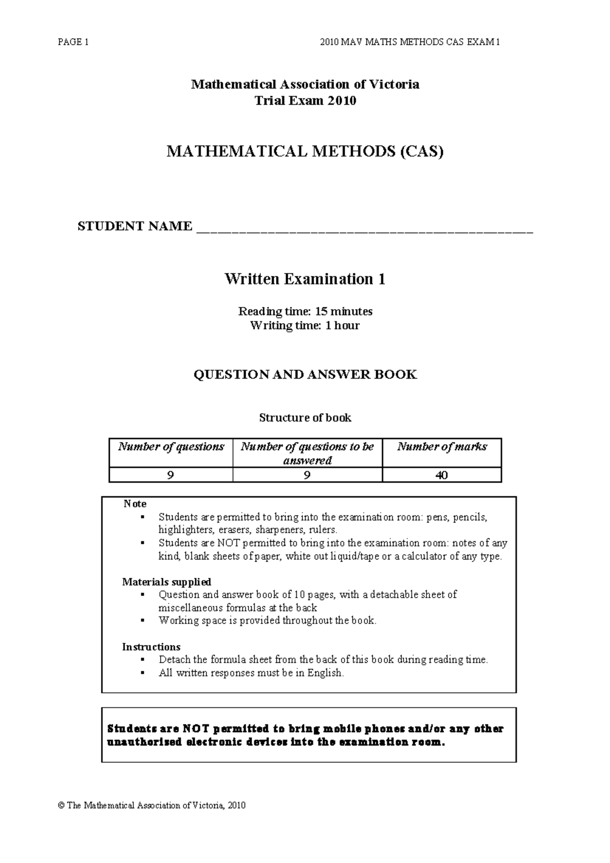2010 MAV MATHS METHODS - Practice Exam 1 Guide - Studocu