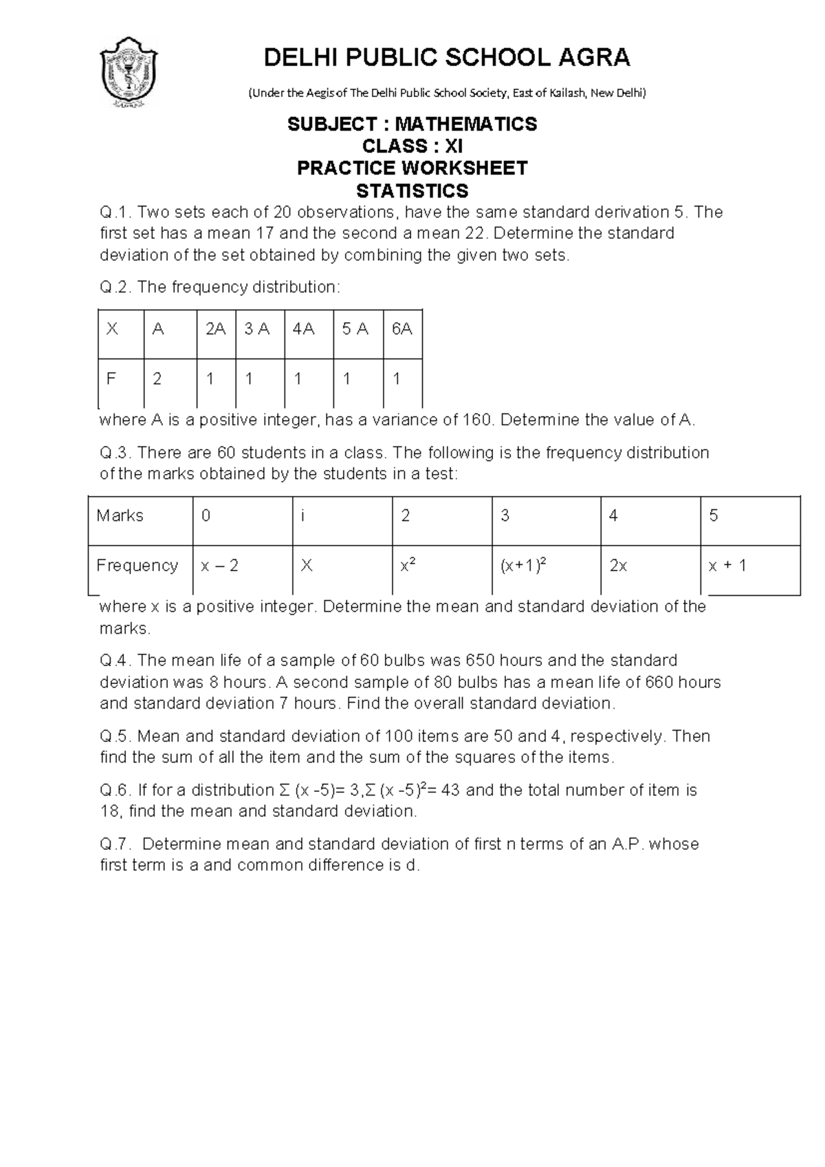 MATHEMATICS XI PRACTICE WORKSHEET: STATISTICS Q&A - Studocu