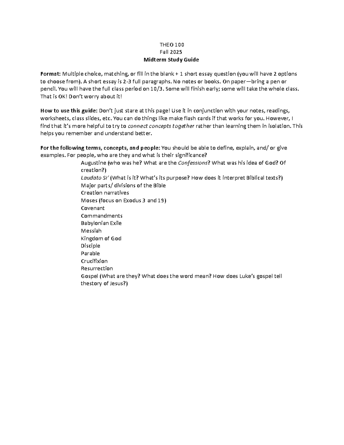 THEO 100 Fall 2025 Midterm Study Guide: Key Concepts & Terms - Studocu