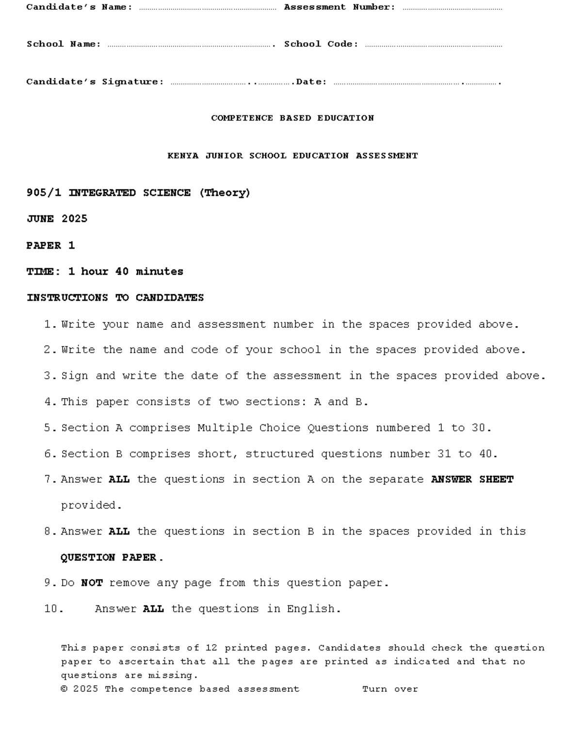 Grade 9 Integrated Science Assessment Paper 1 - June 2025 - Studocu