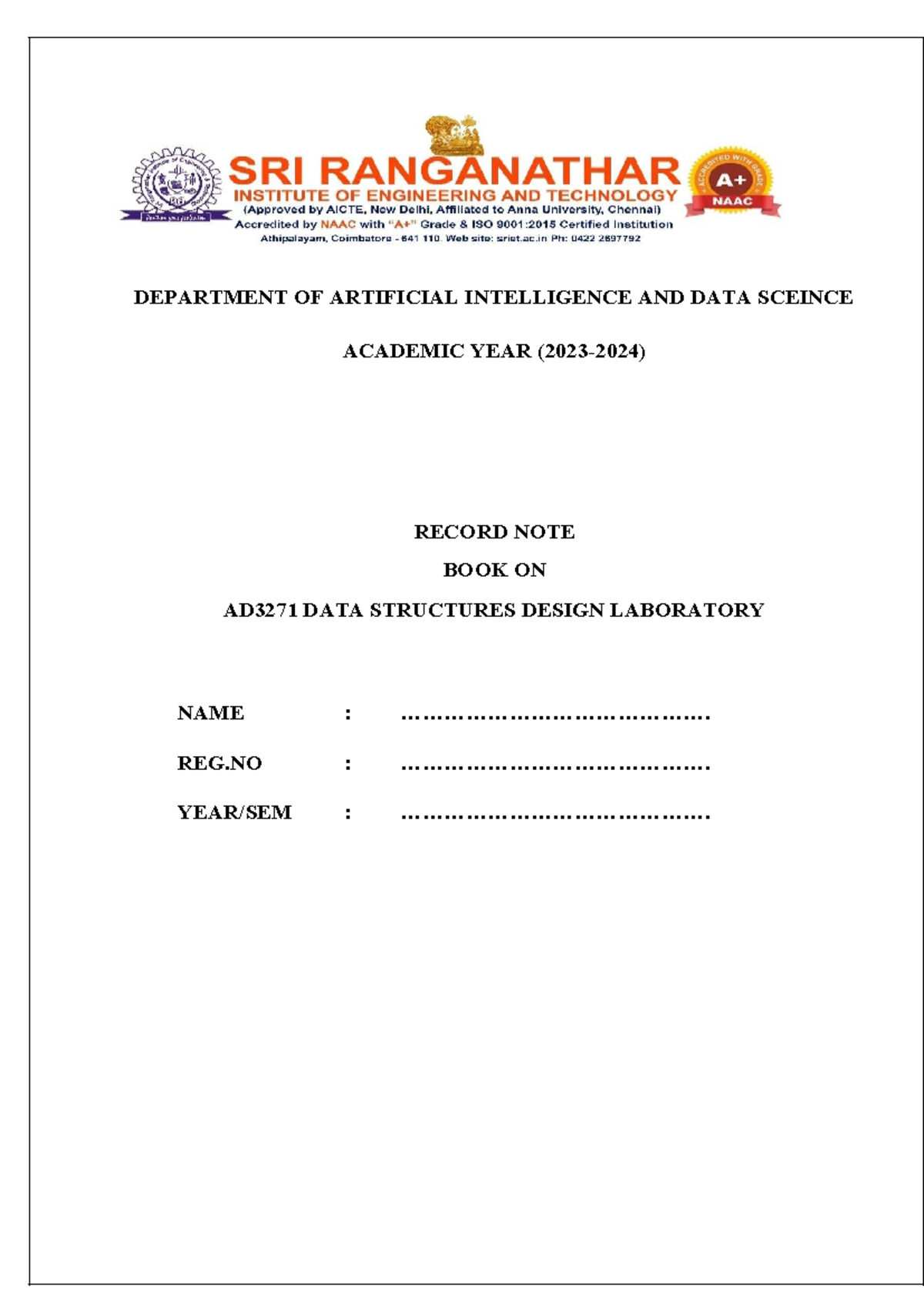 Lab Record - DSD - easy to use - Data structures design - DEPARTMENT OF ...