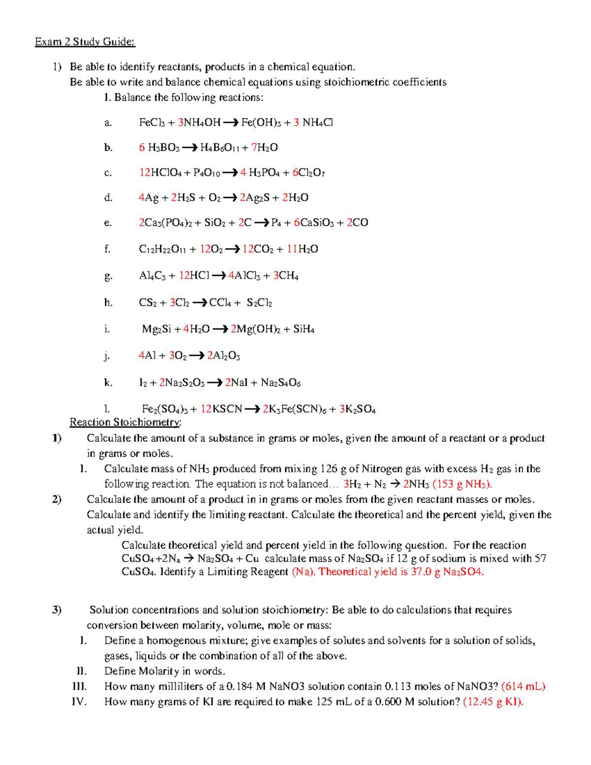 Exam 2 Study Guide (Course Code: CHEM101) - Answer Key for Reactions ...