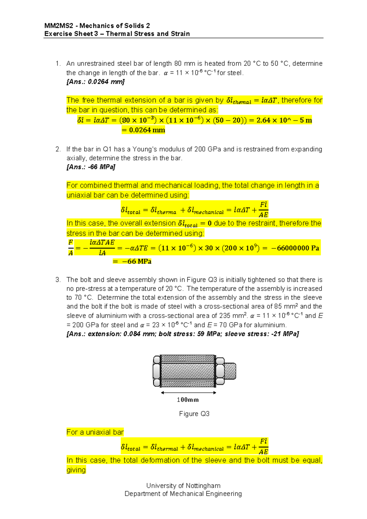 Exercise Sheet 3 Solutions: Thermal Stress and Strain Analysis - Studocu