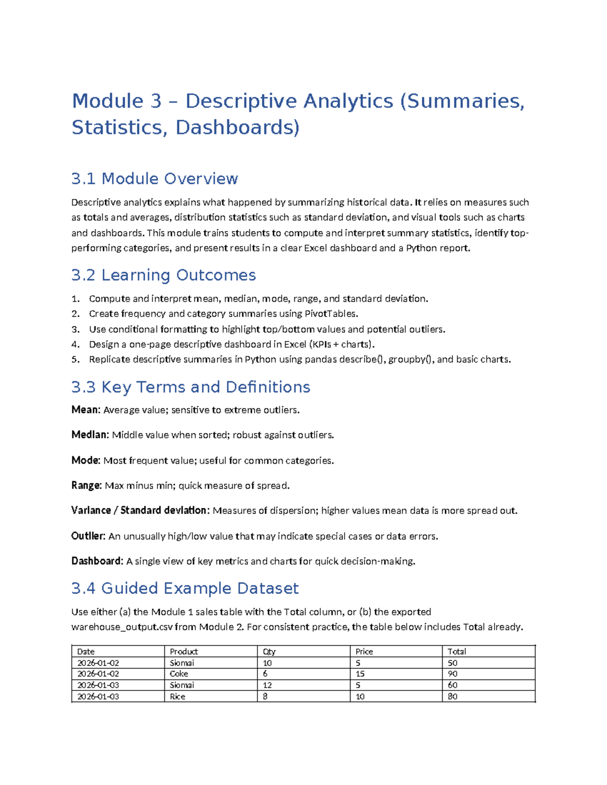 Module 3 - Descriptive Analytics: Summaries, Stats & Dashboards - Studocu