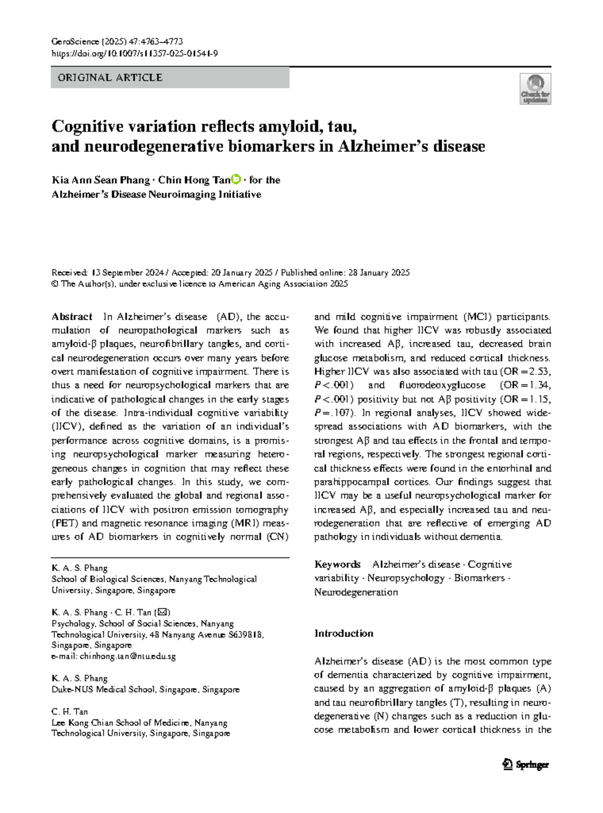 Cognitive Variability and AD Biomarkers: Insights from IICV Analysis ...