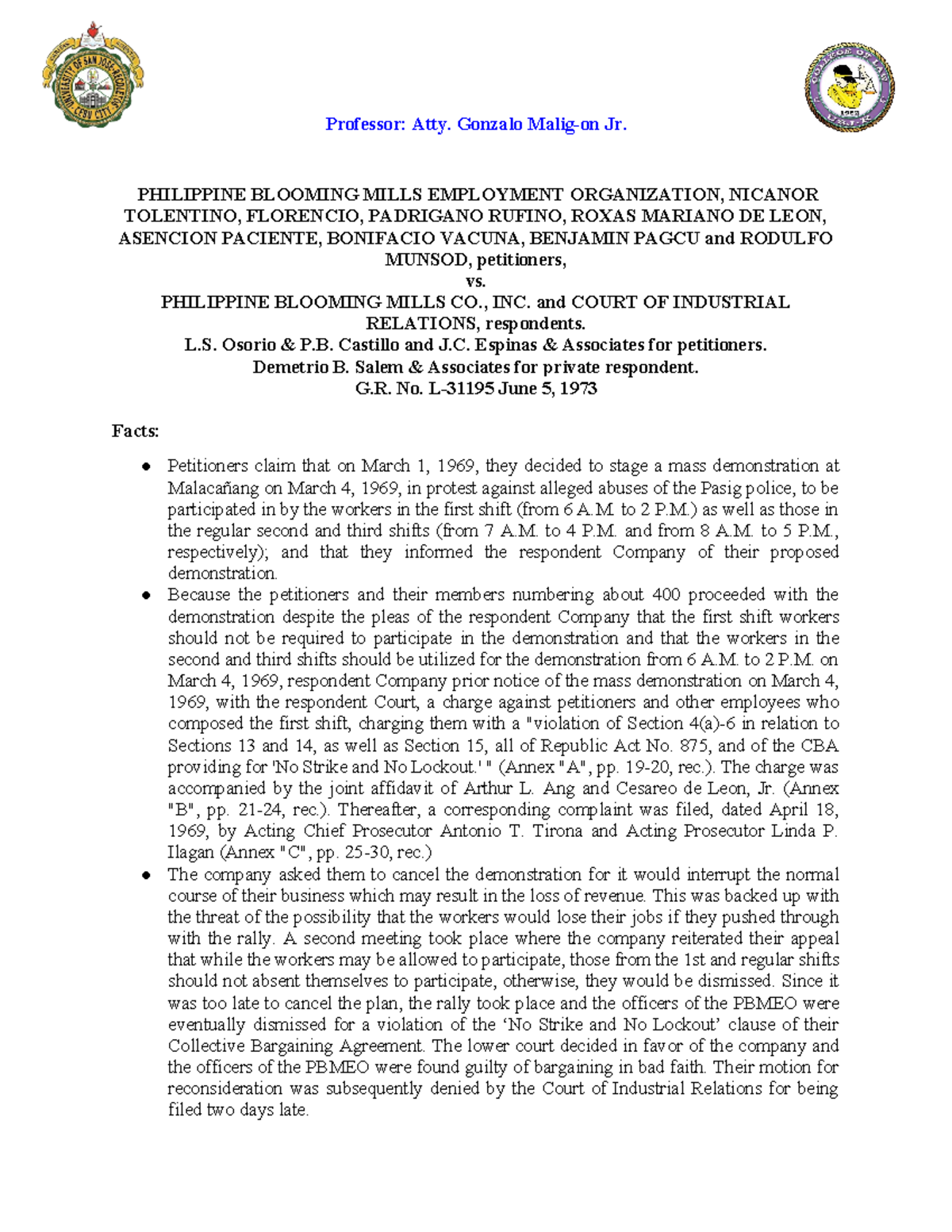 Case Study on PBM Employees Org. vs. PBN Co. (G.R. No. L-31195) - Studocu