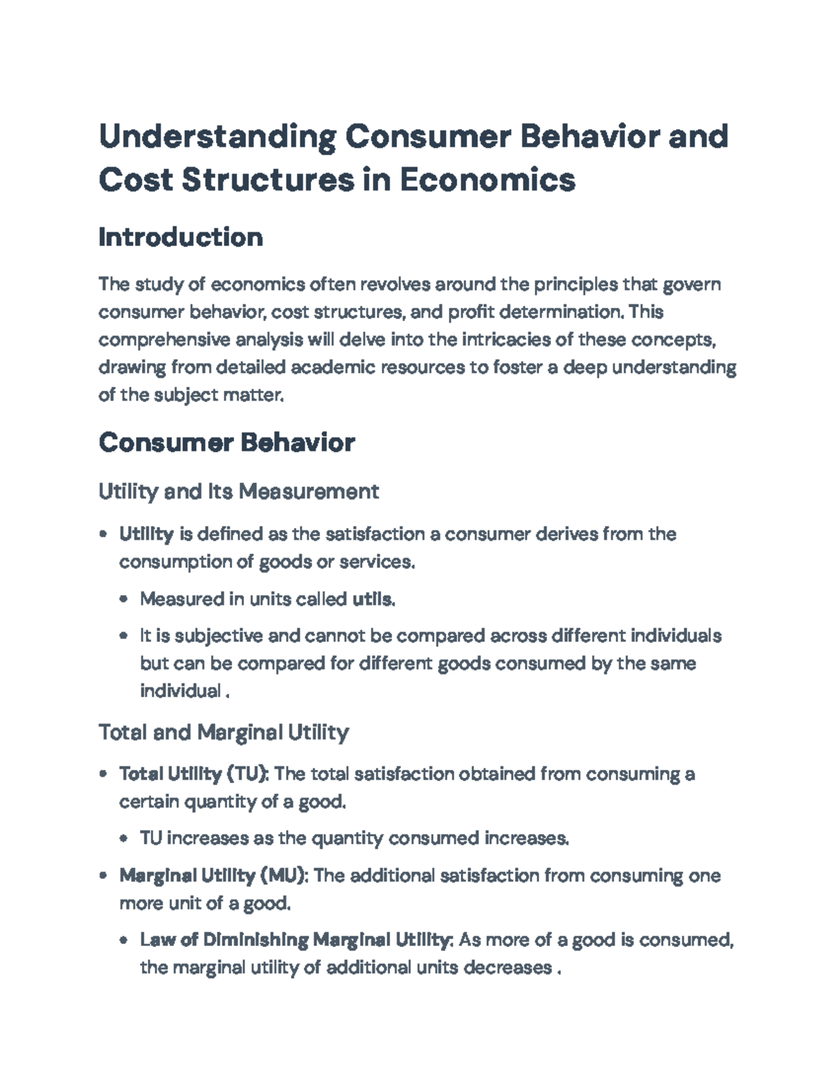 Consumer Behavior, Cost Structures, and Profit Analysis in Economics ...