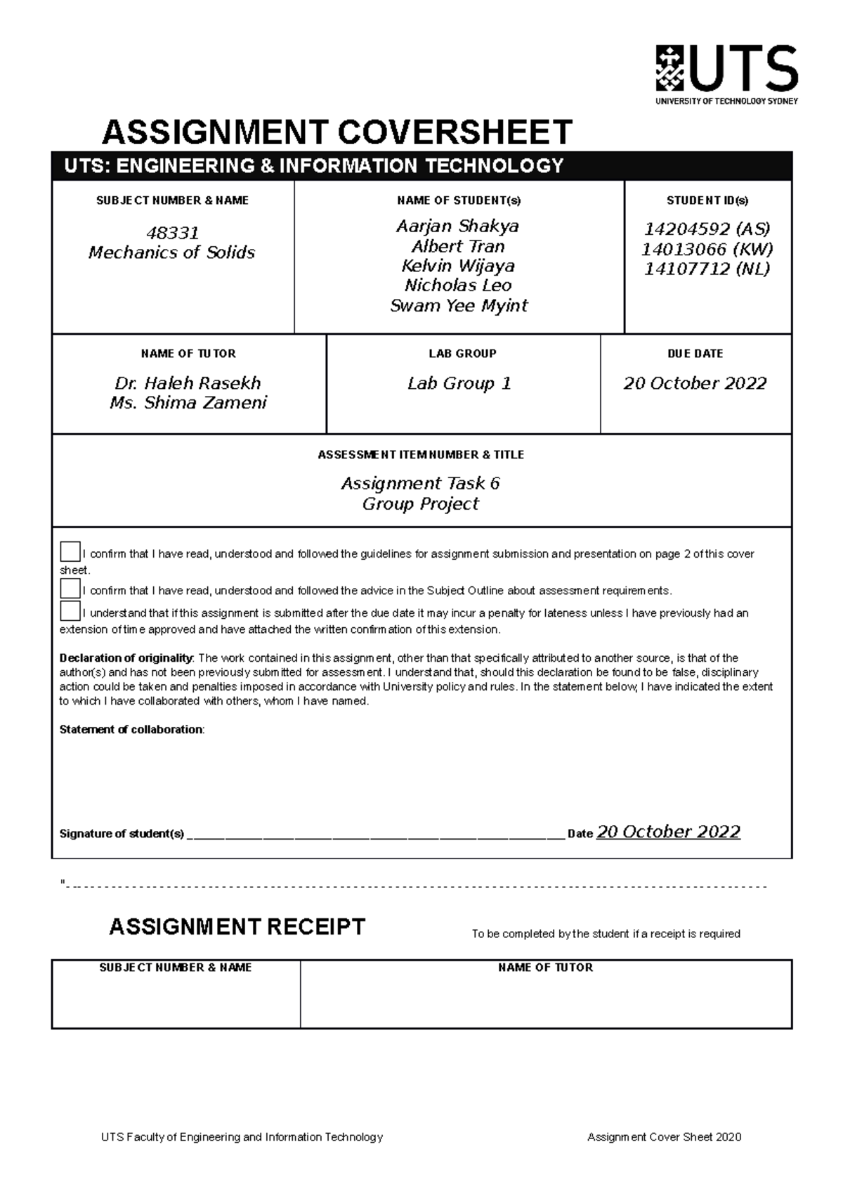 Group Report - ASSIGNMENT COVERSHEET UTS: ENGINEERING & INFORMATION ...