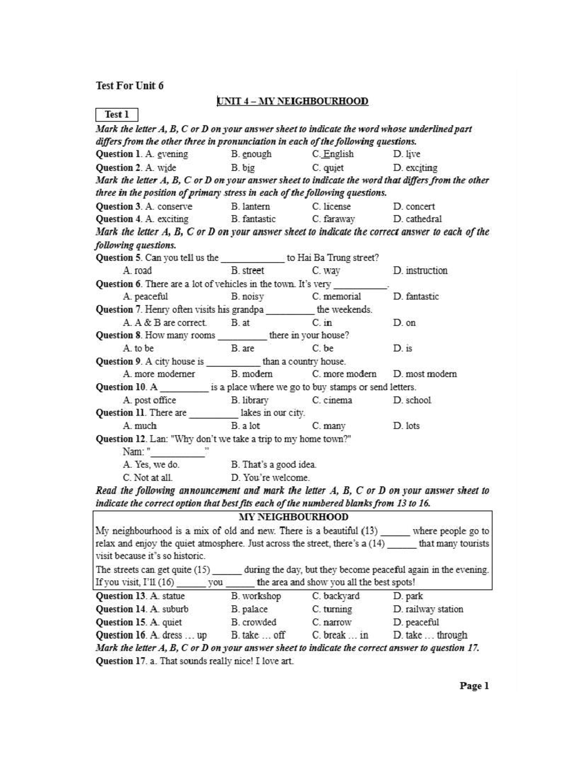 Test for Unit 6 - Pronunciation and Comprehension Questions - Grade 6 ...
