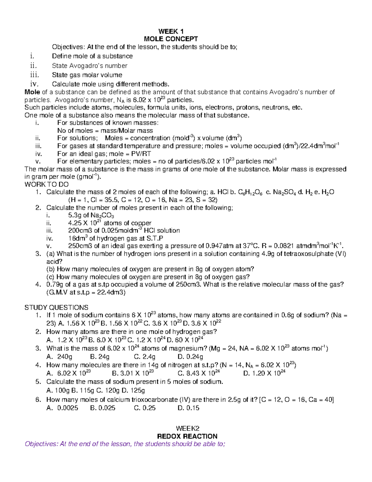 Chemistry SS2 - Mole Concept, Redox Reactions, and Ionic Theory Notes ...