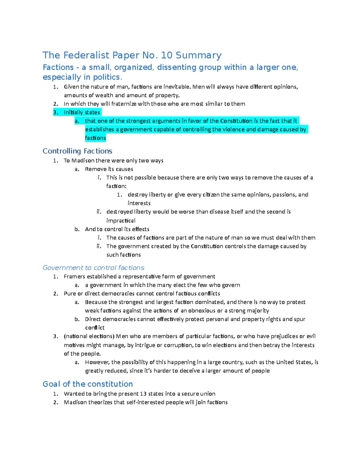 Summary of The Federalist Paper No. 10: Factions & Governance - Studocu