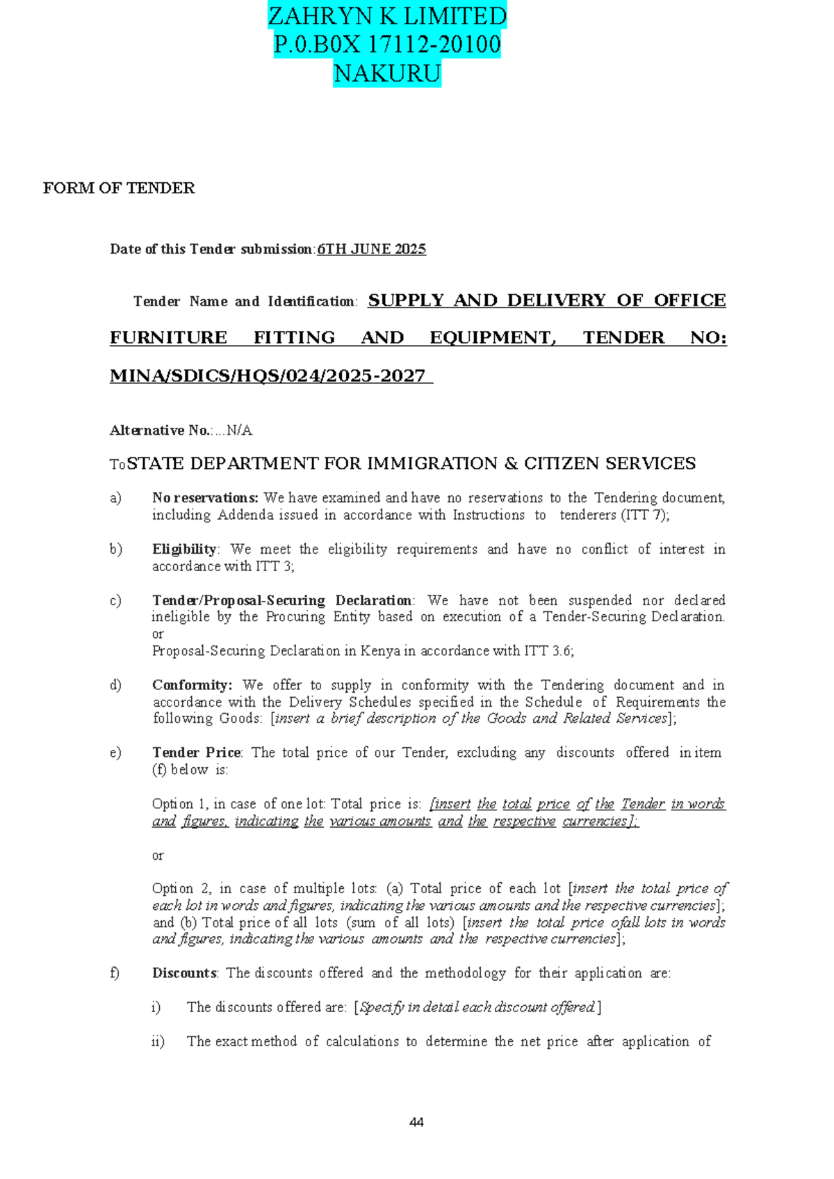 Tender Submission for Supply & Delivery of Office Furniture - Tender No ...