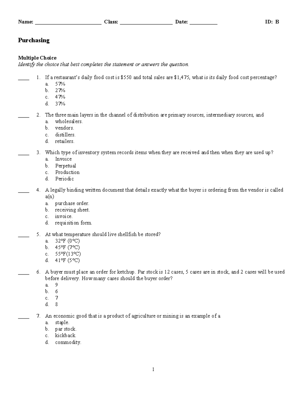 Purchasing IDB: Multiple Choice Questions and Answers - Studocu