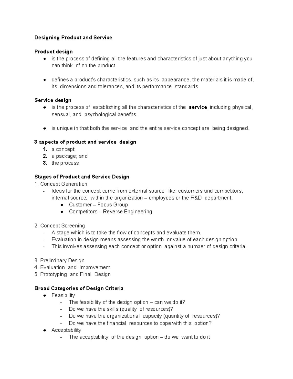 Product and Service Design: Key Stages and Criteria - Studocu
