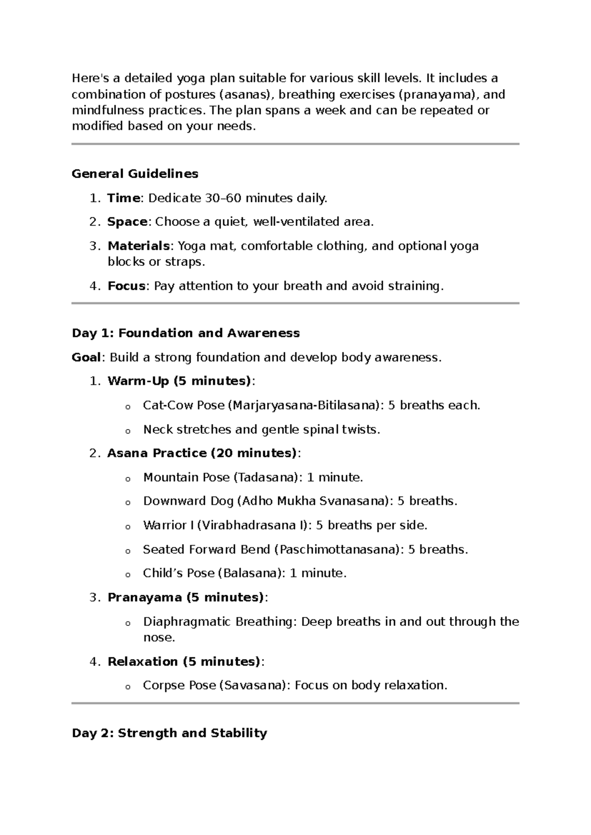 Yoga Plan - plan - Here's a detailed yoga plan suitable for various ...
