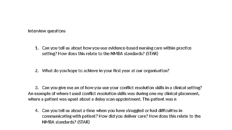 Nursing Interview Questions for Graduate Program (NURS 101) - Studocu