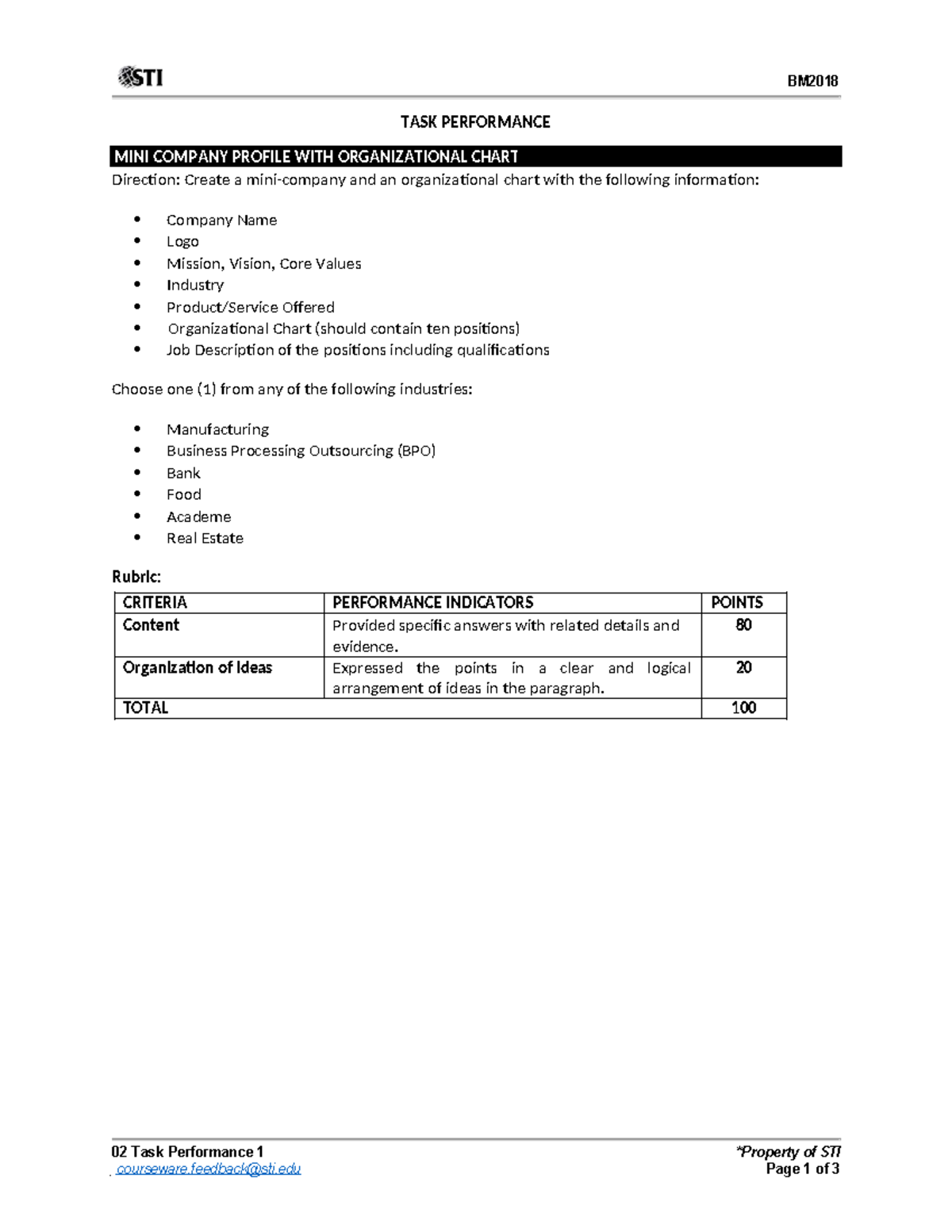 BM2018 Mini Company Profile & Org Chart Task Performance - Studocu