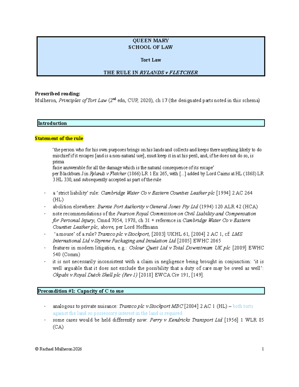 Rylands v Fletcher: Tort Law Lecture Notes (QM Law) - Studocu