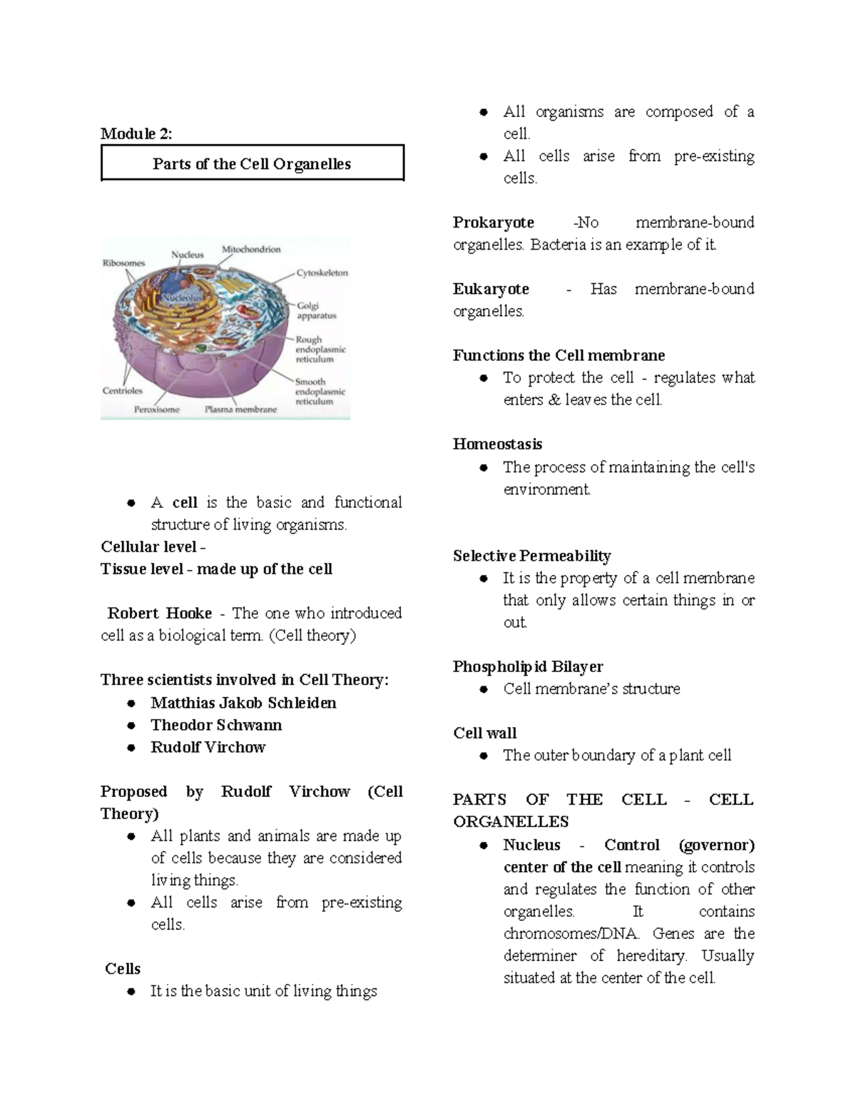CELL Organelles: Parts of the Cell - Module 2 Overview - Studocu