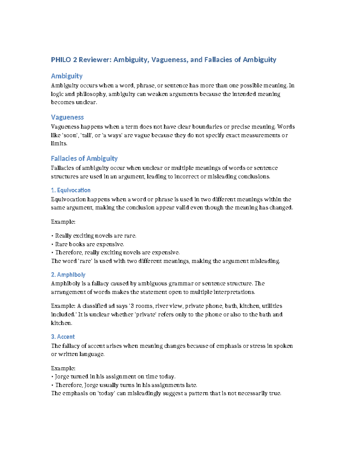 PHILO 2 Reviewer: Ambiguity, Vagueness, and Fallacies - Studocu