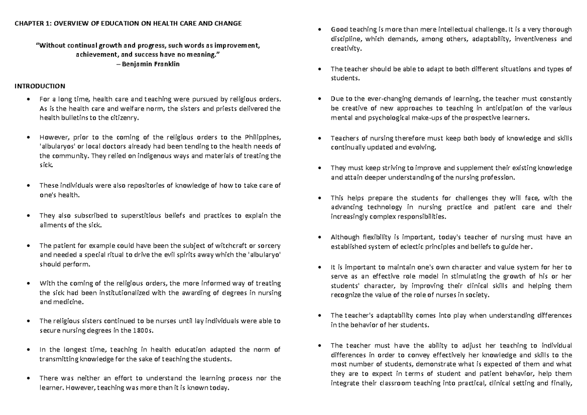 Health Education Lecture Notes: Chapters 1-2 Overview and Insights ...