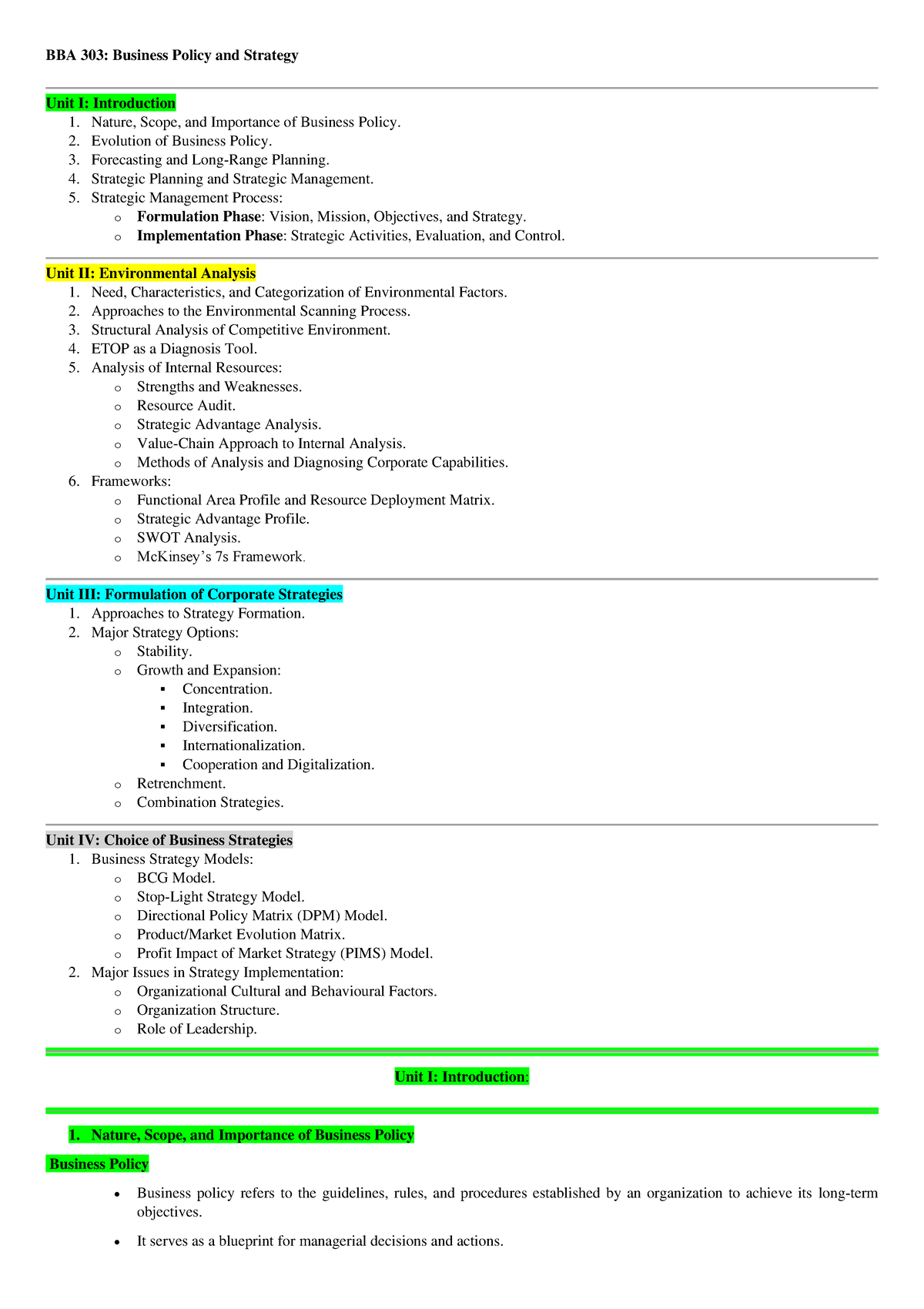 BBA 303: Comprehensive Notes on Business Policy and Strategy - Studocu