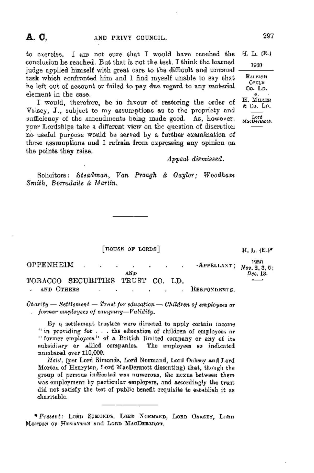 Title: Analysis of Oppenheim v. Tobacco Securities Trust Co. Ltd. [1951]  A.C. 297**