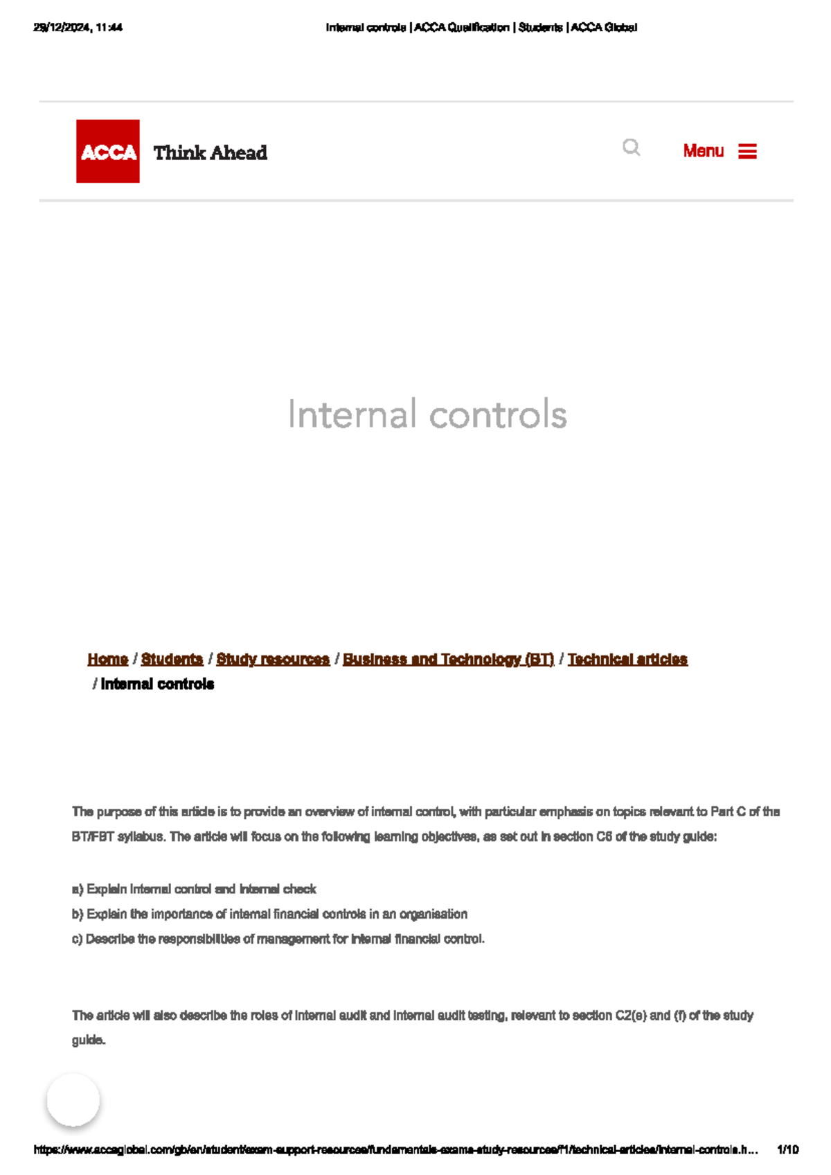 Internal Controls Overview for ACCA BT - Key Learning Objectives - Studocu