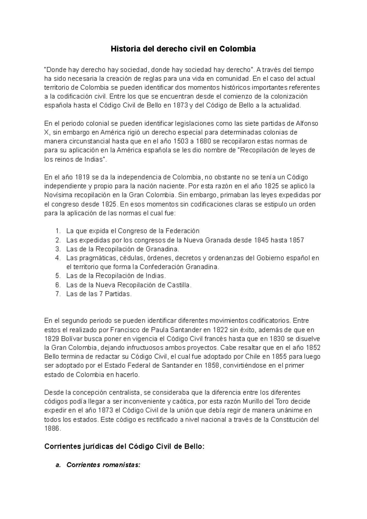 Historia del Derecho Civil en Colombia y el Código de Bello - Studocu