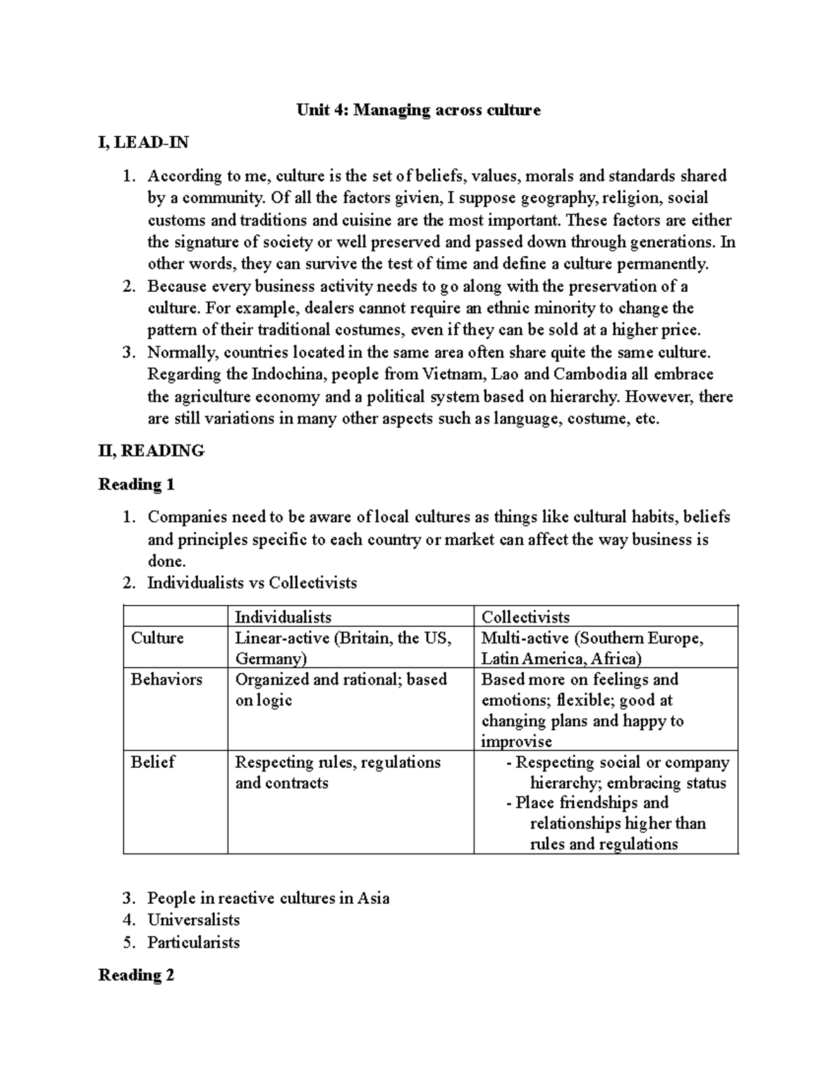 Unit 4 - TACN - Unit 4: Managing across culture I, LEAD-IN According to ...