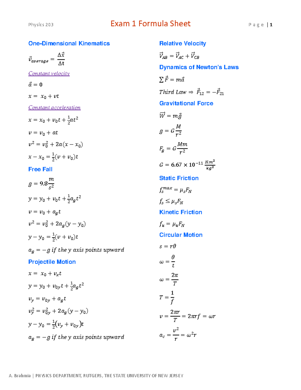 Physics 203 Exam 1 Formula Sheet: Kinematics and Dynamics - Studocu