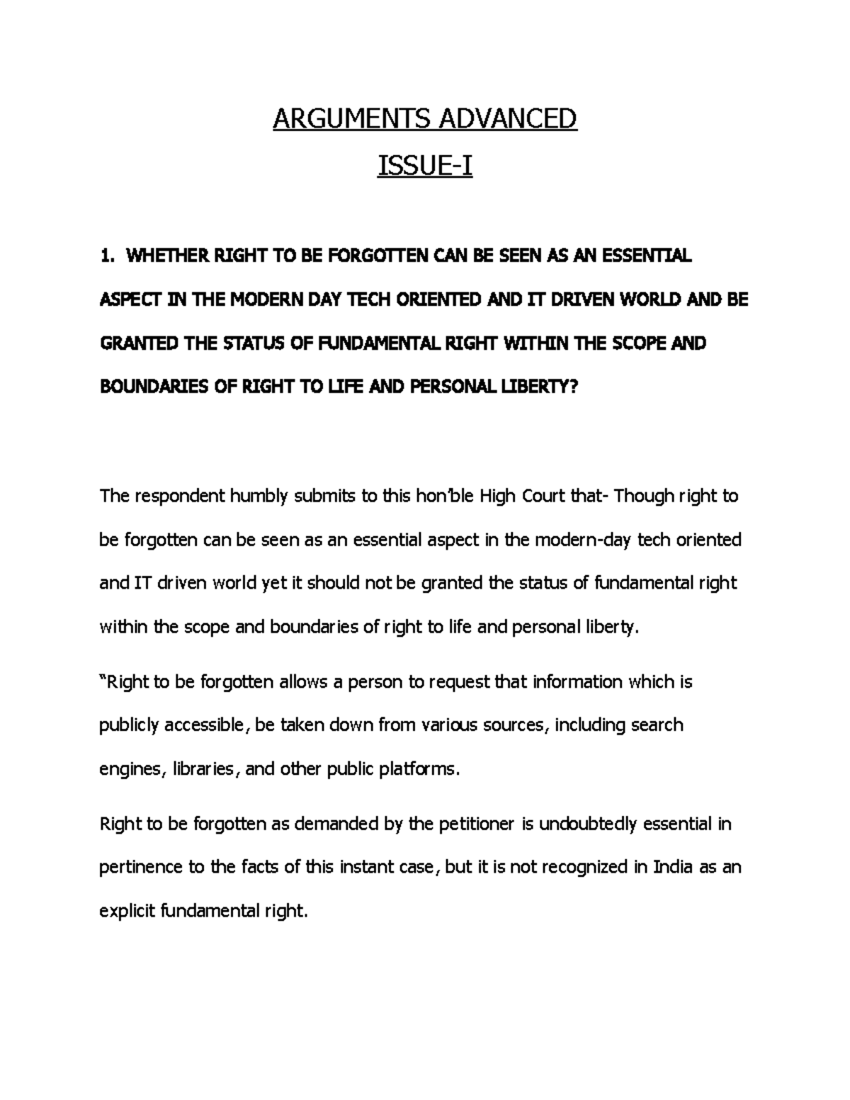 Legal Analysis on the Right to be Forgotten in India - Memorial - Studocu