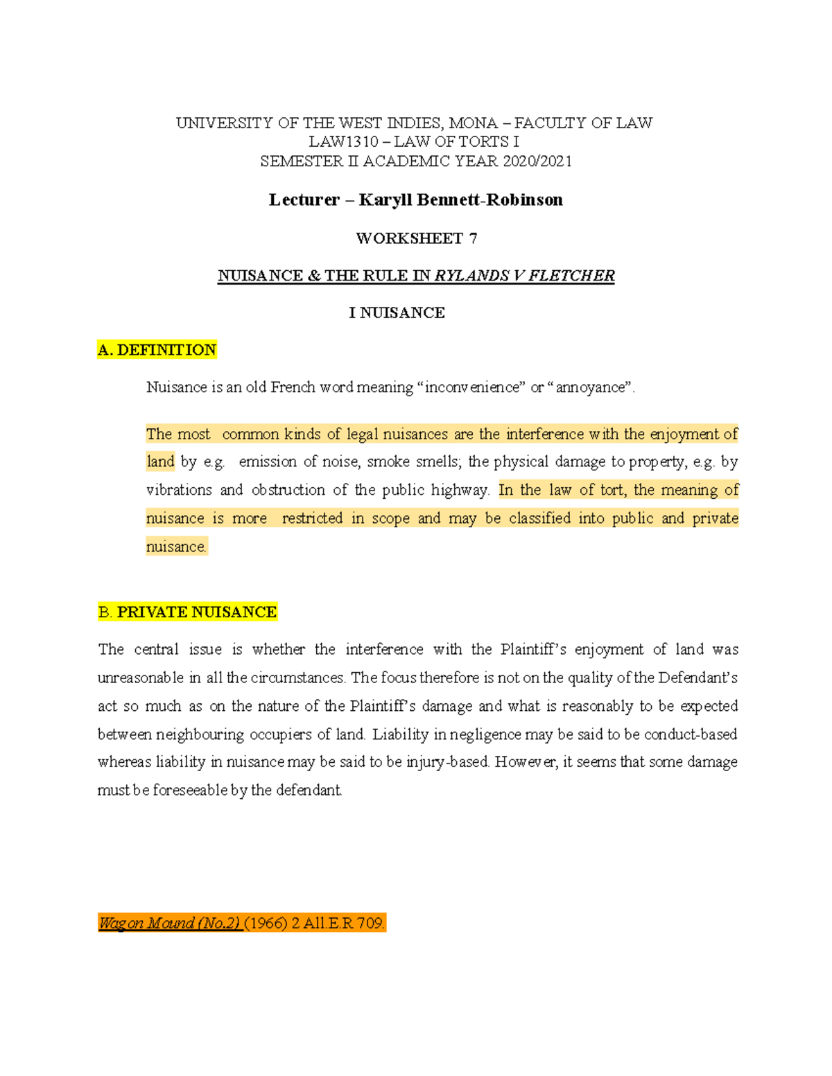 LAW1310 Worksheet 8: Nuisance and the Rule in Rylands v Fletcher - Studocu