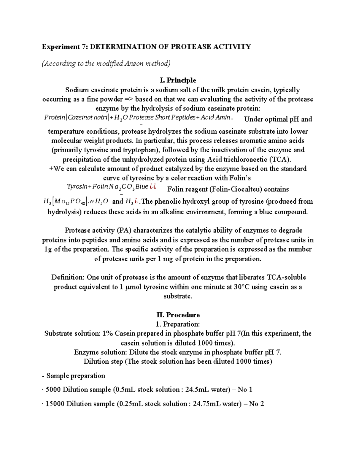 Experiment 7: Determining Protease Activity via Anson Method - Studocu