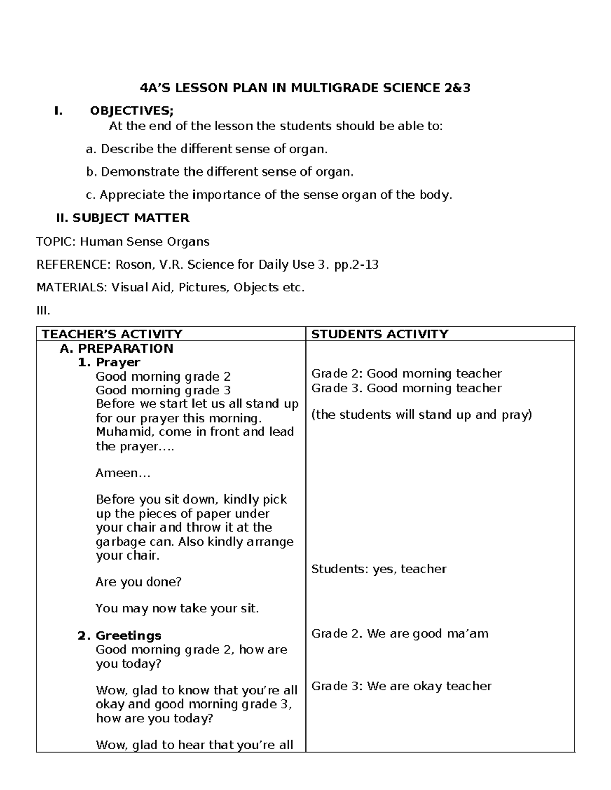 Multigrade Lesson Plan on Human Sense Organs for Grades 2 & 3 - Studocu