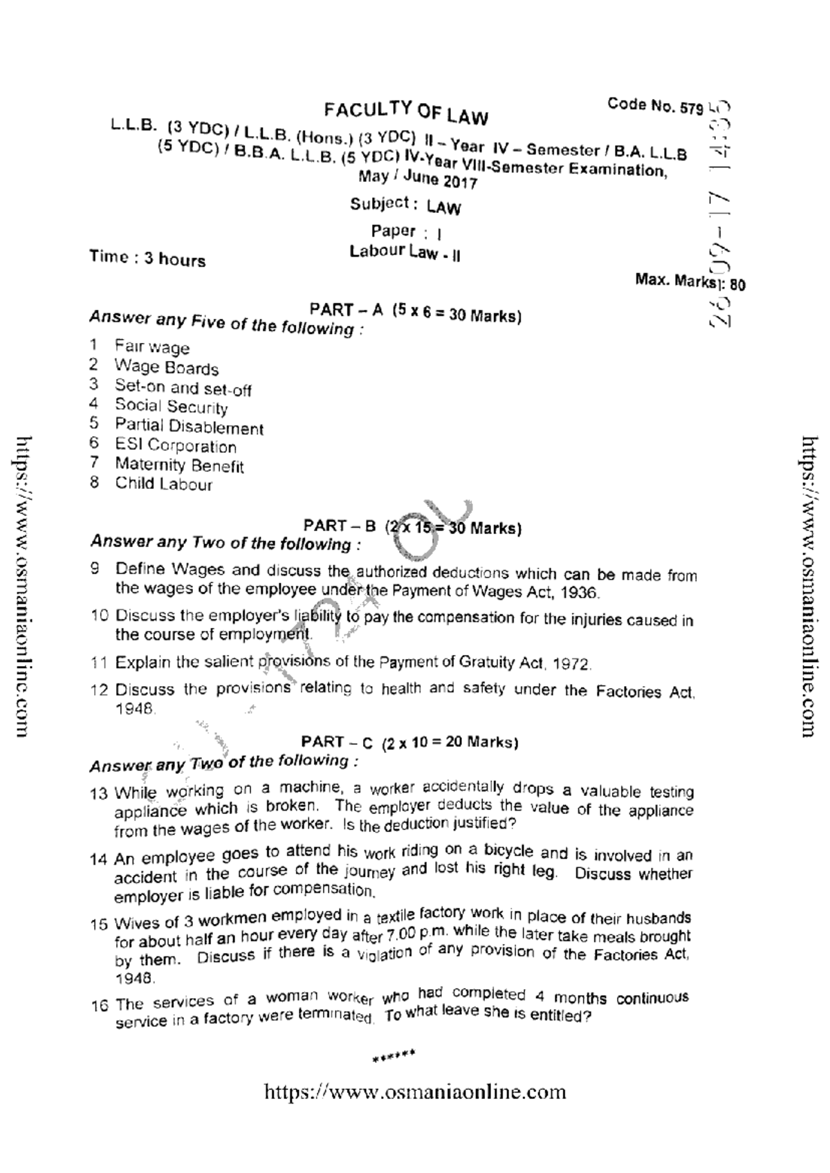 B.A.LLB 5YDC Labour Law Exam Paper - June 2017 (Code: 579) - Studocu