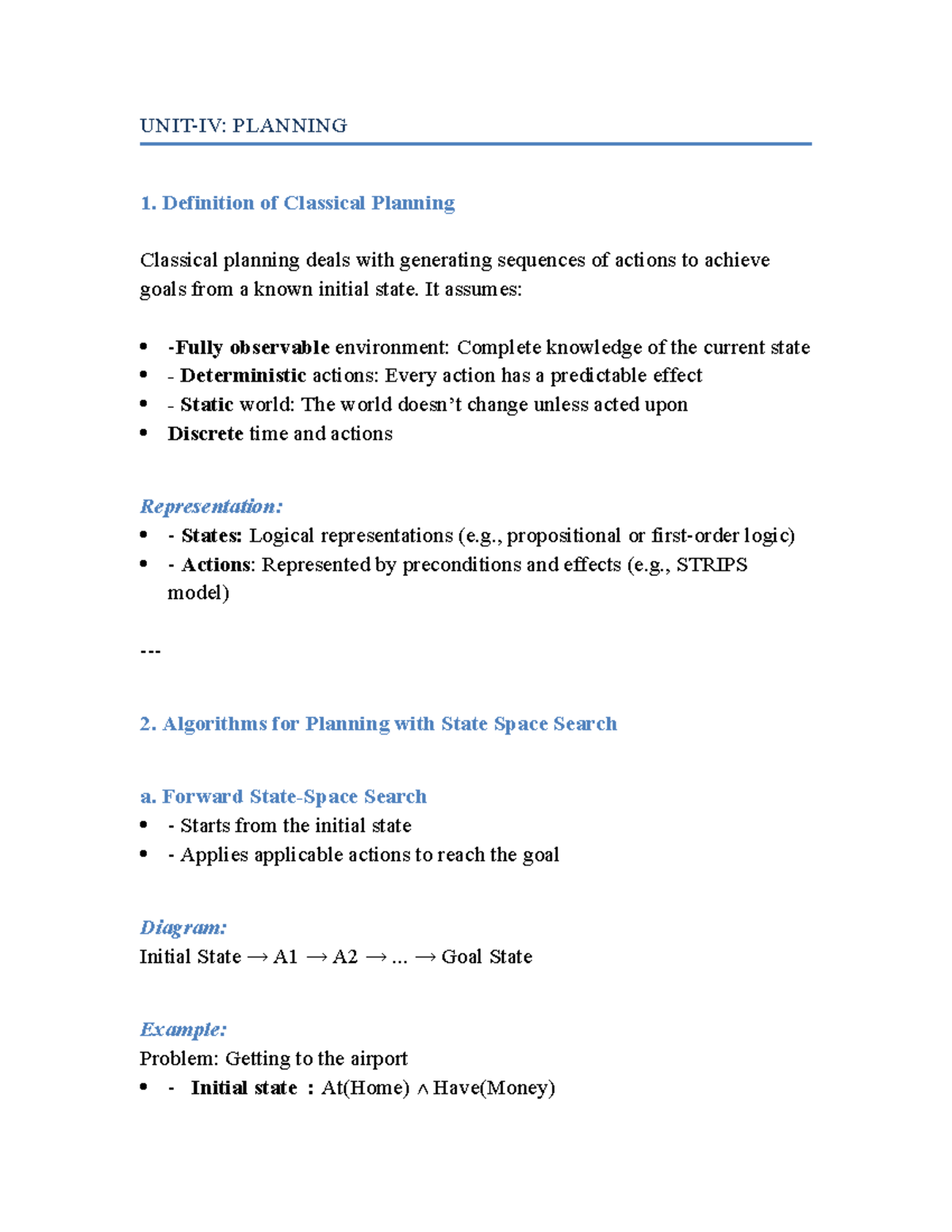 Planning 1: Classical Planning Concepts and Algorithms - UNIT IV Short ...