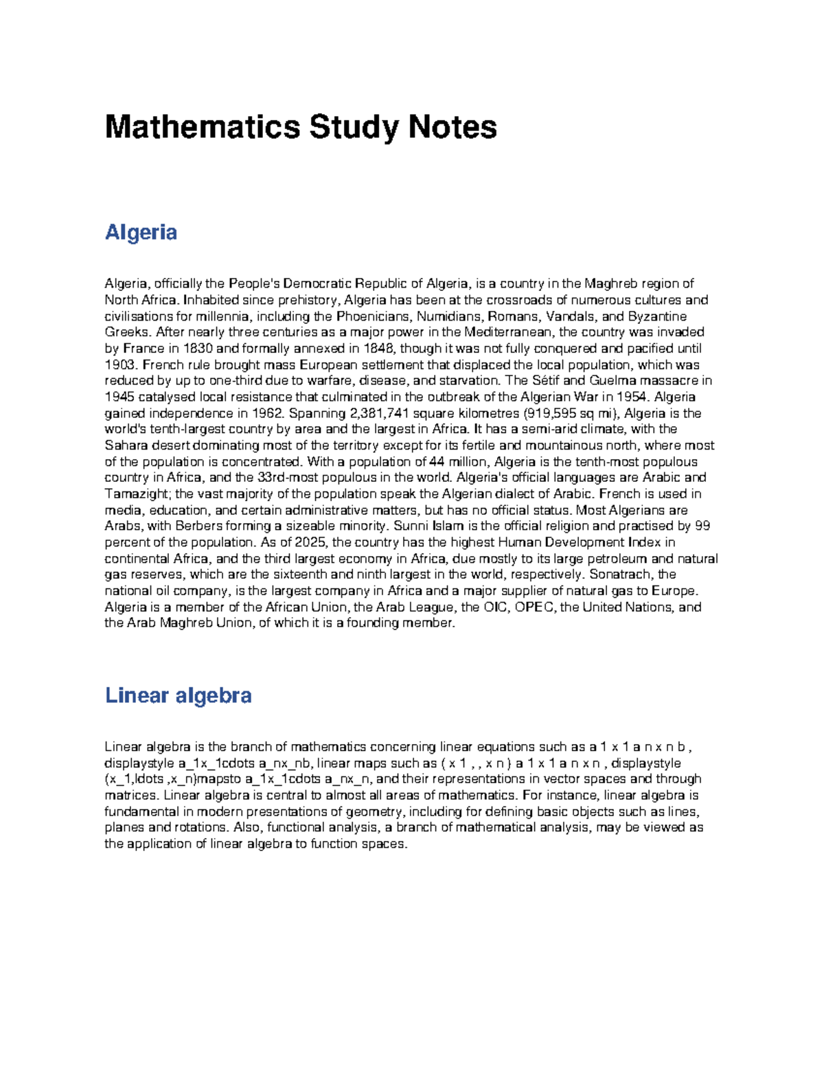 Mathematics Study Notes: Linear Algebra Overview (MATH 101) - Studocu