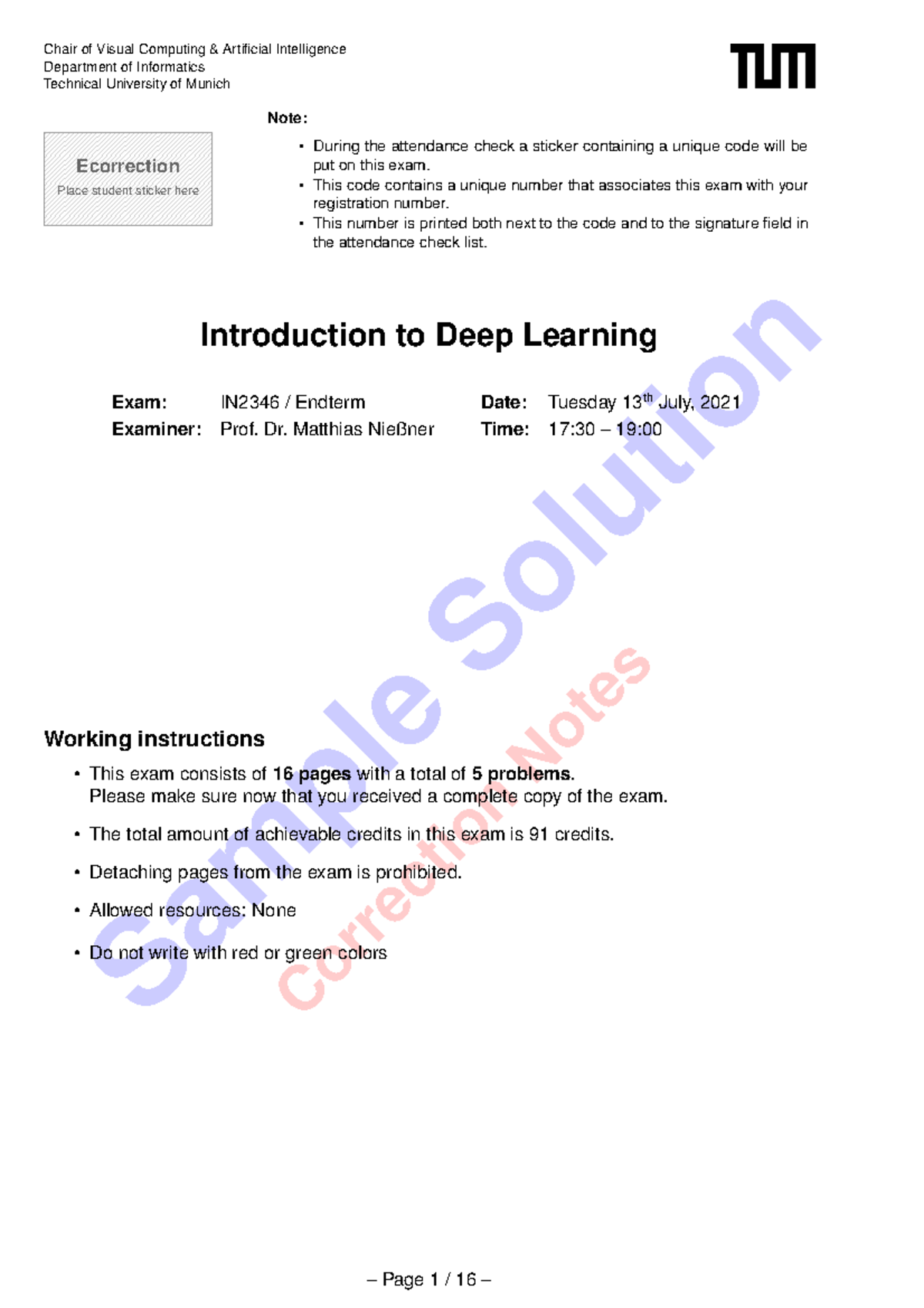 Endterm Exam Solutions for IN2346: Introduction to Deep Learning - Studocu