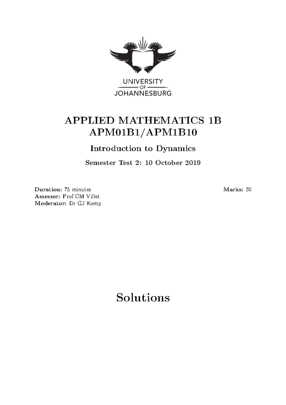 APM01A1 Applied Mathematics 1A Semester Test 2 Final Memo - Studocu